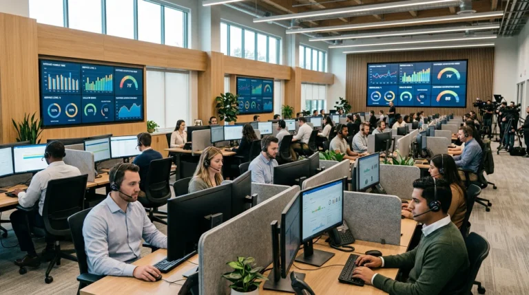 Modern US contact center with agents handling distributed calls