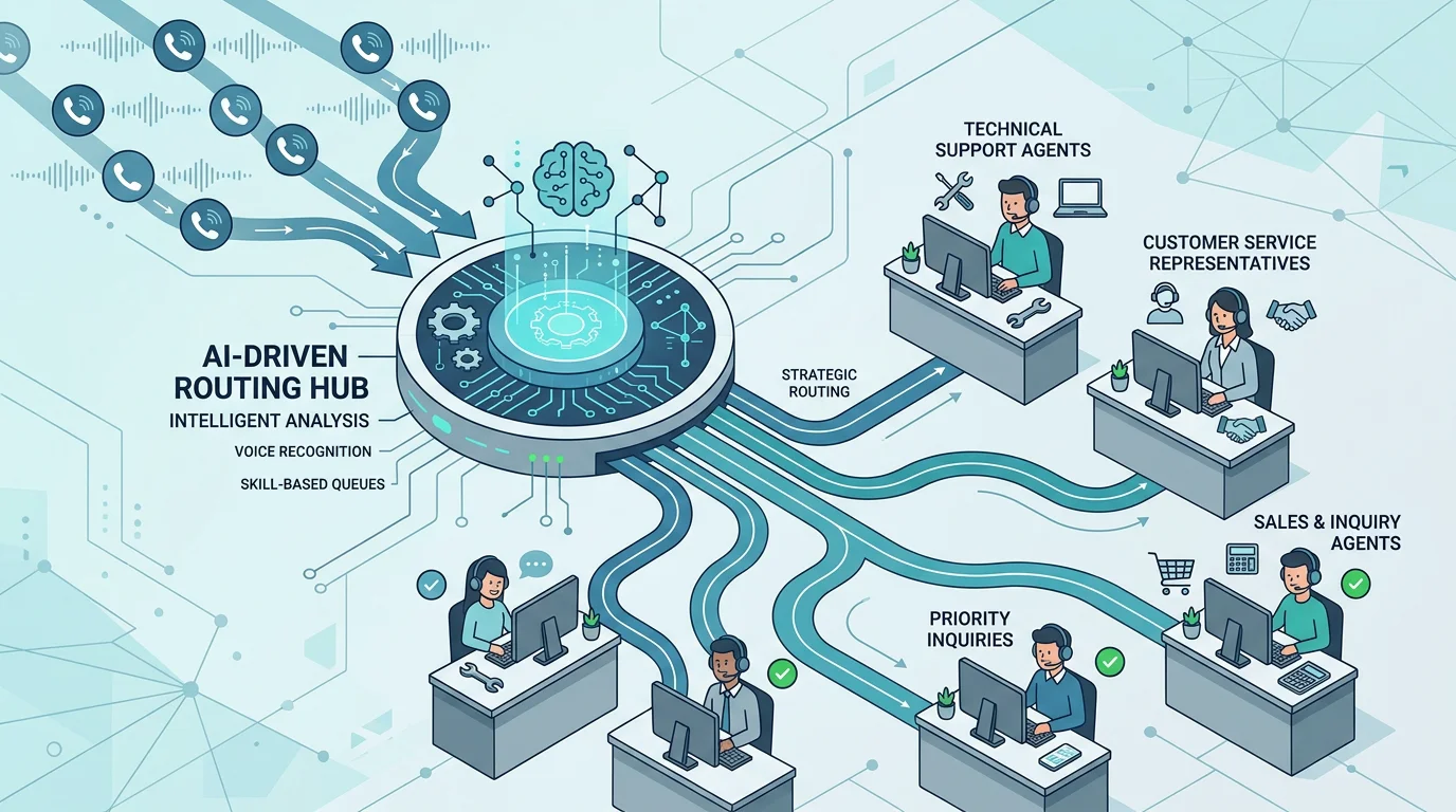 Diagram of AI-driven automatic call distribution routing calls to agents