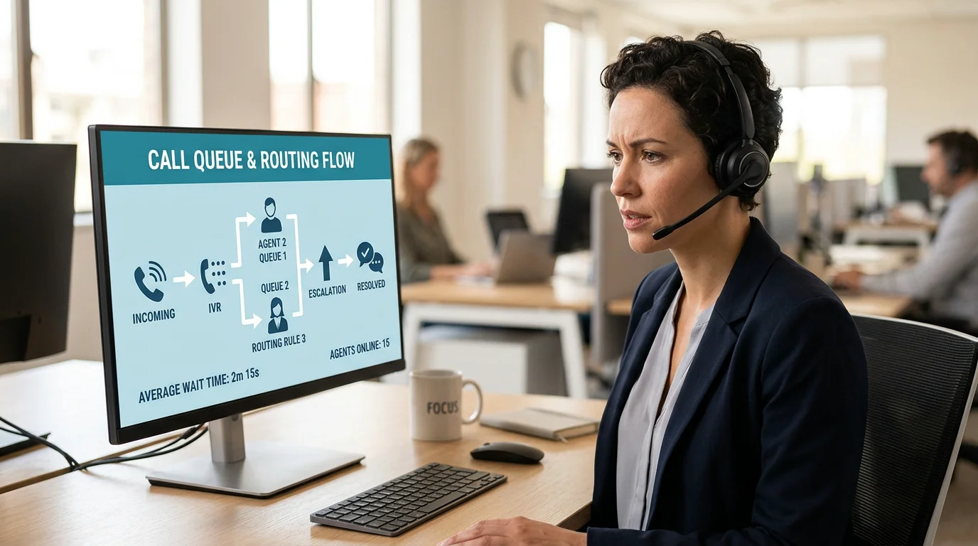 Call center agent reviewing a call routing queue on screen